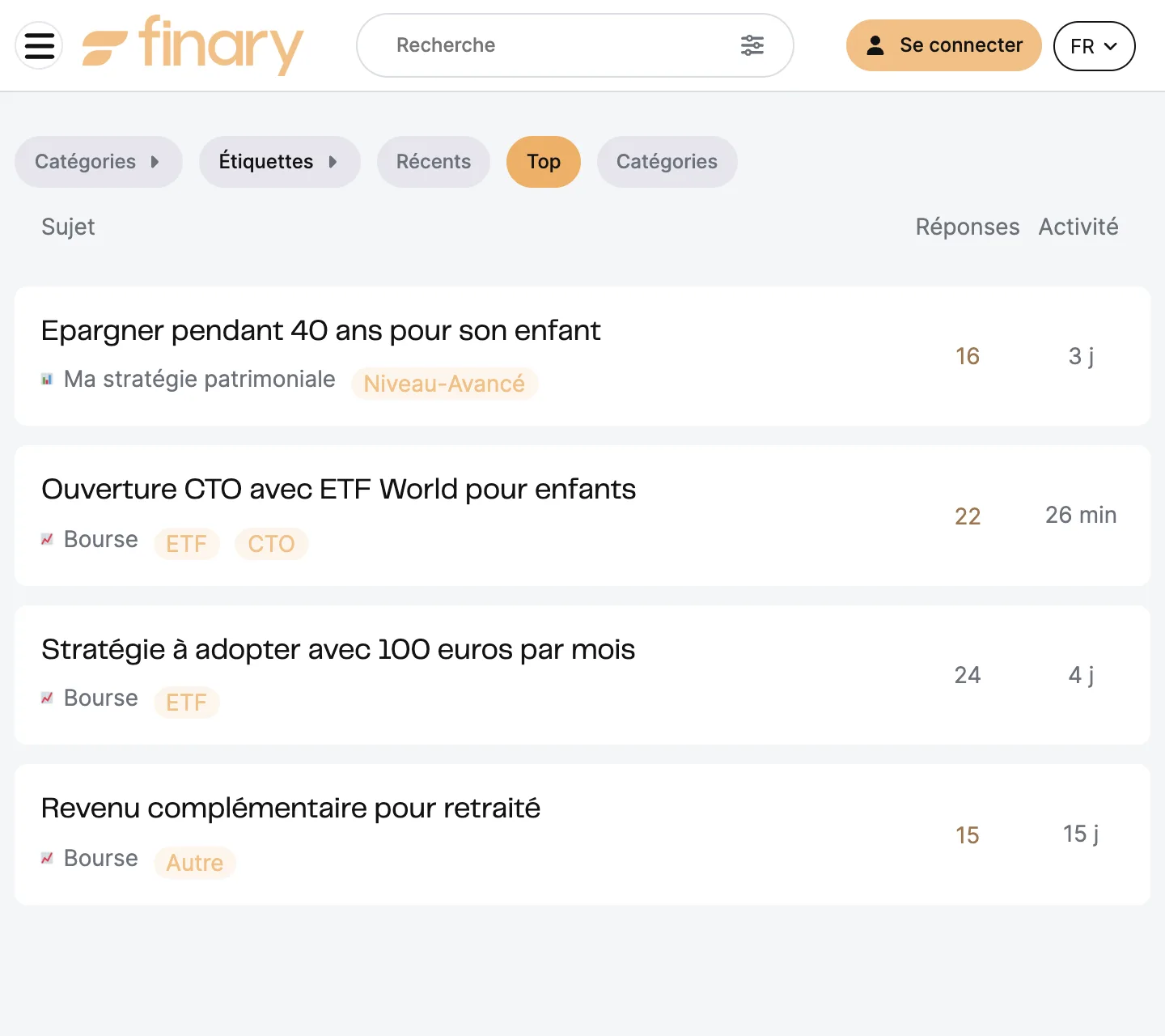 Le forum de la communauté Finary, avec des discussions sur l'épargne pour ses enfants, un ETF World, 100 euros par mois et la retraite