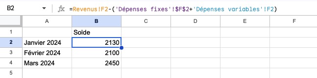 Onglet Résumé avec formule de calcul du solde mensuel sur Excel