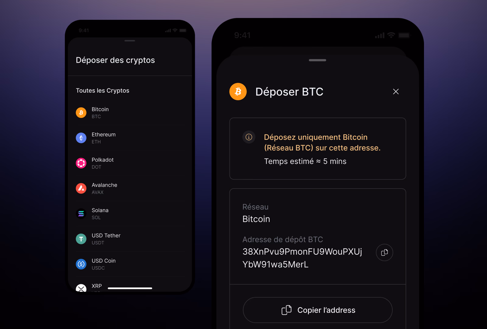 Finary Crypto Deposit Mobile Interface