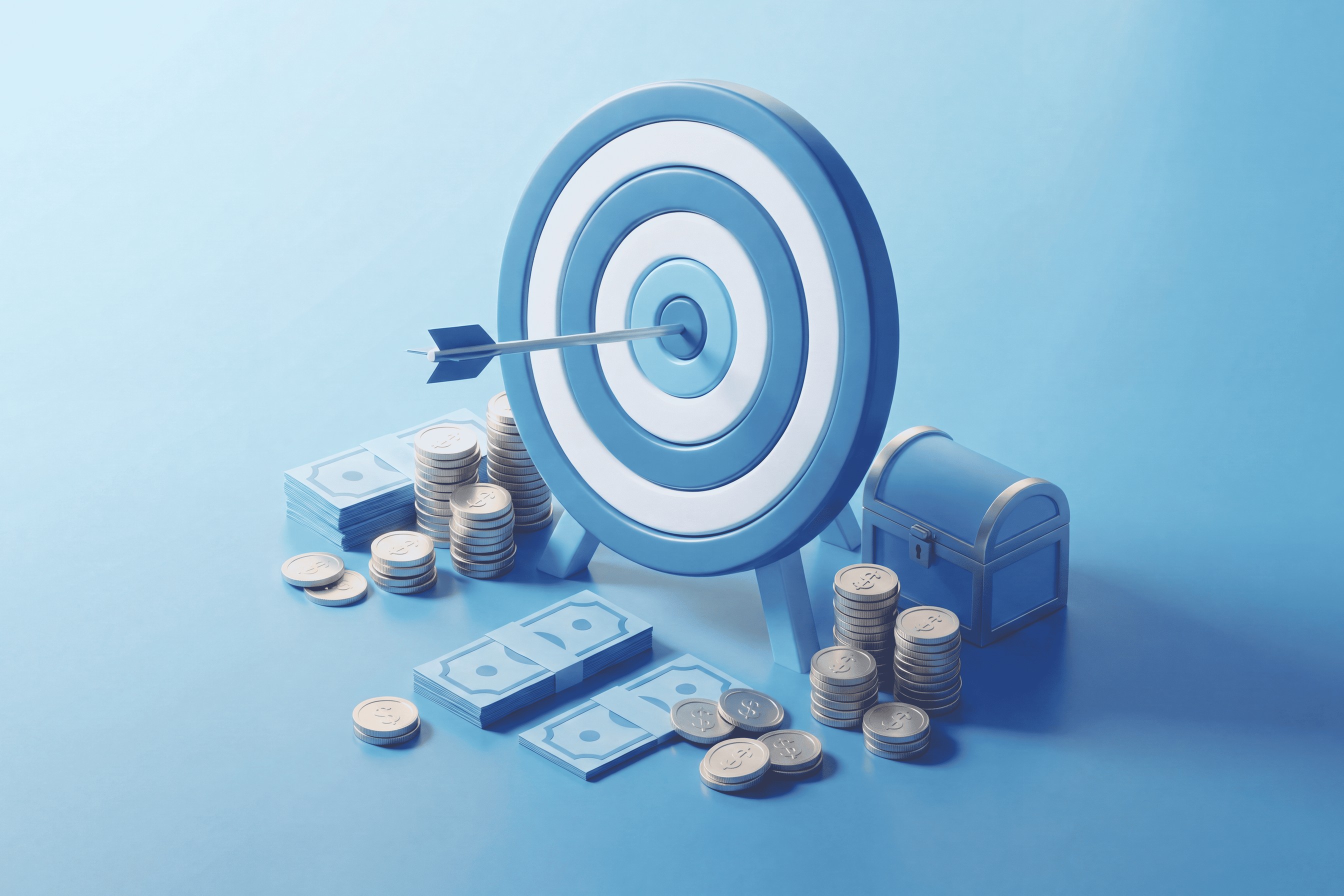 Cible 3D bleue avec une flèche en plein centre, entourée de pièces, billets et coffre — illustration d'un objectif financier bien visé