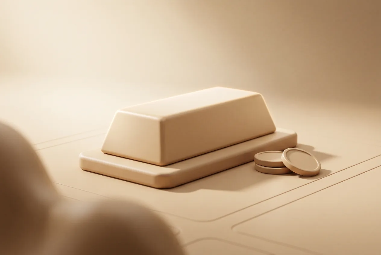 Illustration 3D minimaliste beige d'un lingot et de pièces d'or, symbolisant l'investissement dans l'or