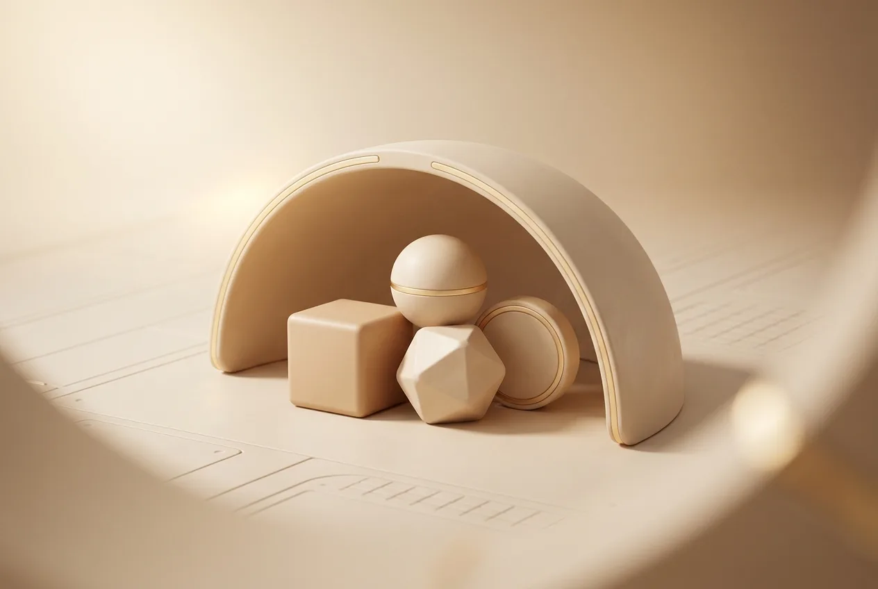 Illustration 3D beige d'un abri protégeant un panier d'actifs, symbolisant un hedge fund.