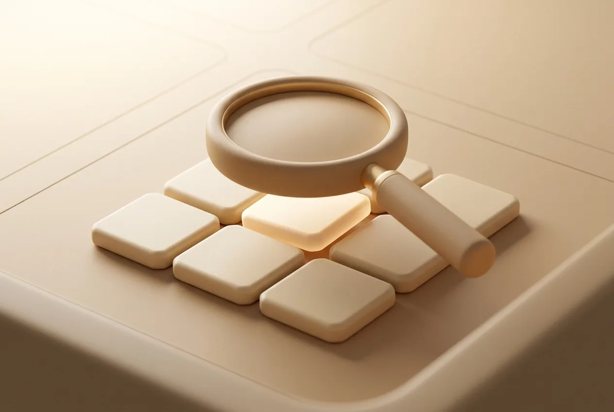 Illustration 3D beige d'une loupe en argile au-dessus d'une grille de tuiles, l'une mise en avant, symbolisant la sélection d'actions.