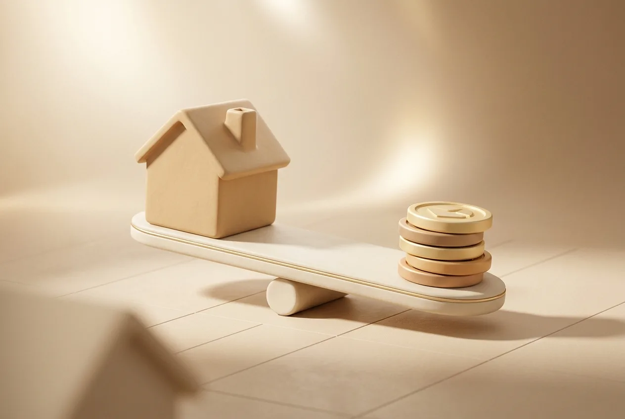 Illustration 3D beige d'une petite maison en argile et d'une pile de pièces en équilibre sur une balance, symbolisant l'arbitrage entre acheter et louer.