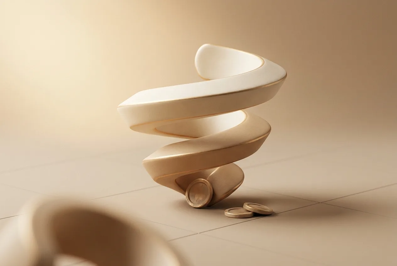 Illustration 3D beige d'une spirale ascendante s'élargissant depuis quelques pièces, symbolisant une épargne régulière qui se compose dans le temps.
