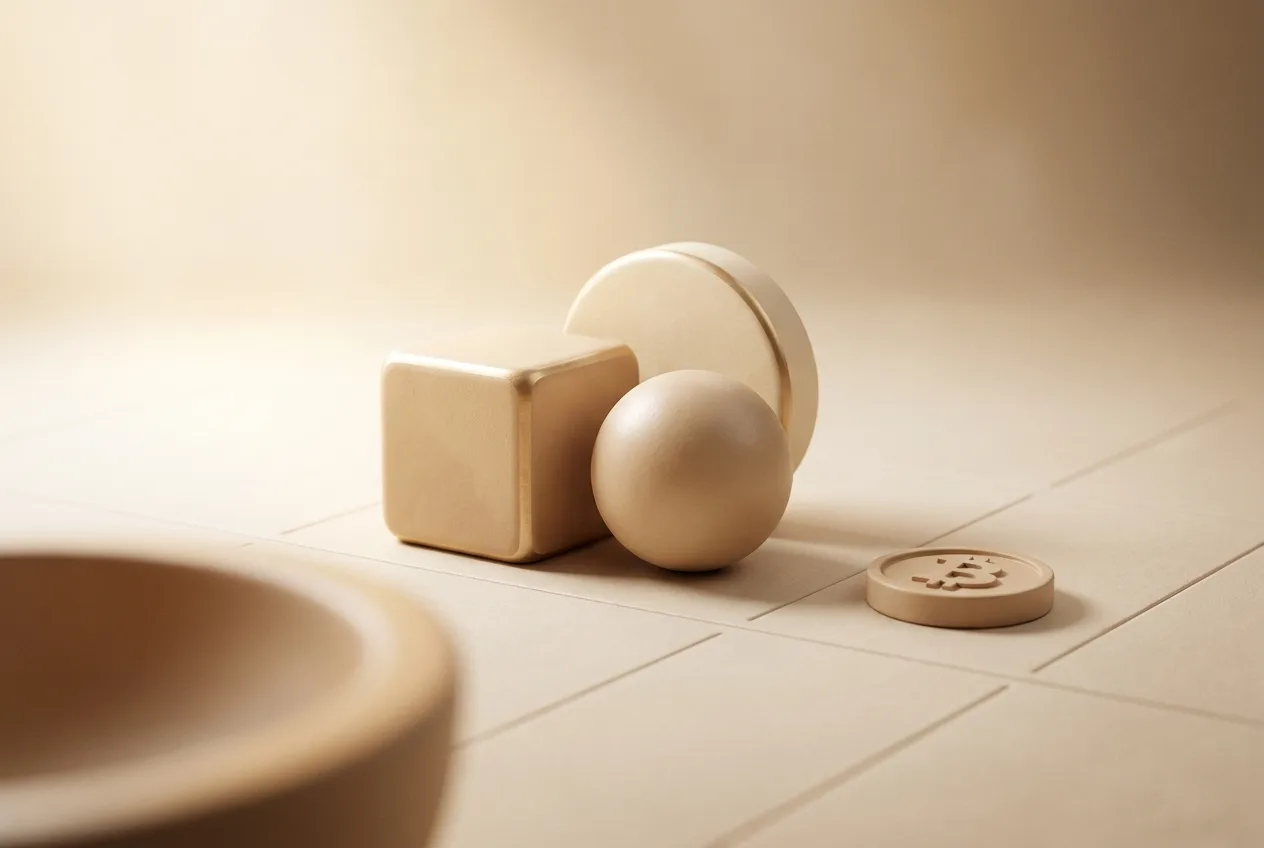 Illustration 3D beige d’un portefeuille d’actifs (cube, sphère, disque) avec une petite pièce gravée d’un B à côté, symbolisant la crypto comme une part mesurée du patrimoine.