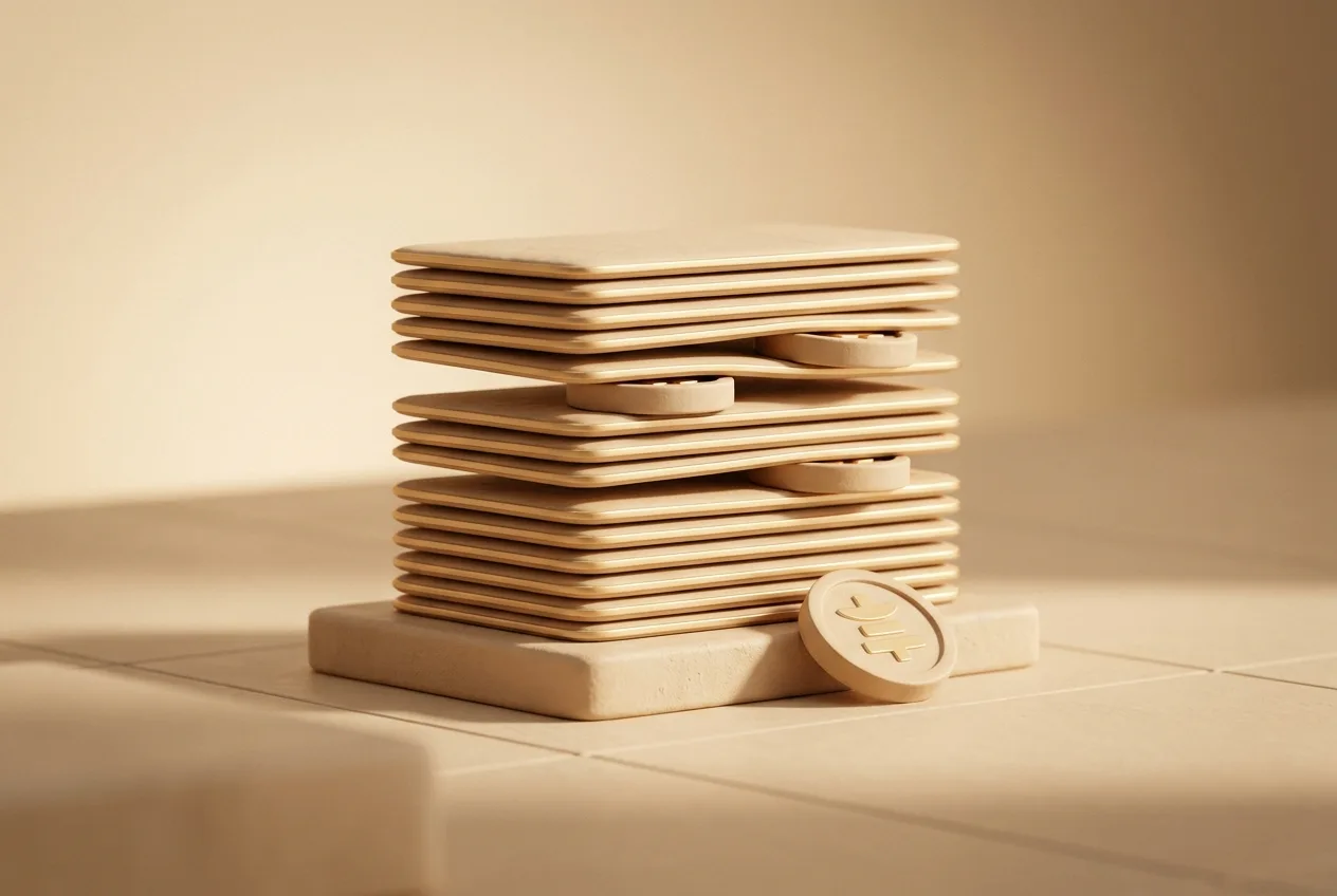 Illustration 3D beige d'un empilement de plaques avec des jetons entre les couches, symbolisant le mille-feuille des frais.