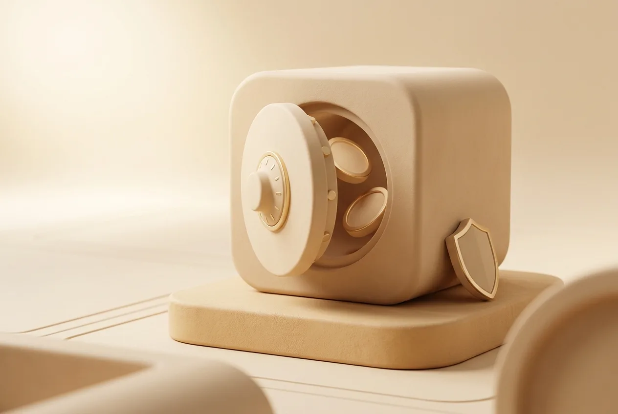 Illustration 3D beige d'un coffre-fort en argile entrouvert avec des jetons et un petit bouclier, symbolisant l'épargne protégée.