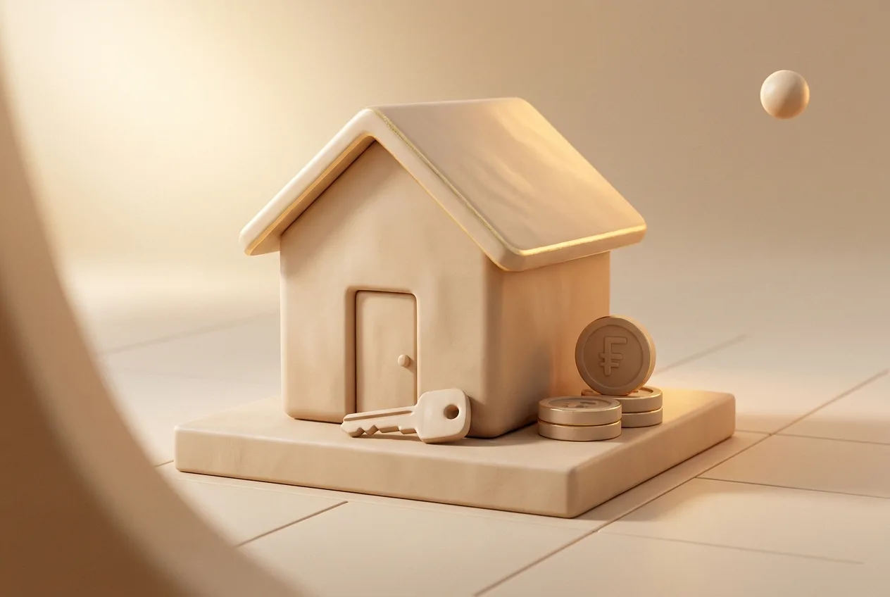 Illustration 3D beige d'une maison en argile avec une clé et des pièces empilées, symbolisant le cash-flow locatif.