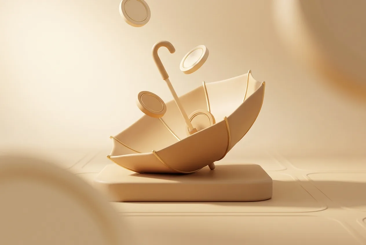 Illustration 3D beige d'un parapluie retourné en argile recevant des jetons qui tombent, symbolisant une rentrée d'argent soudaine.