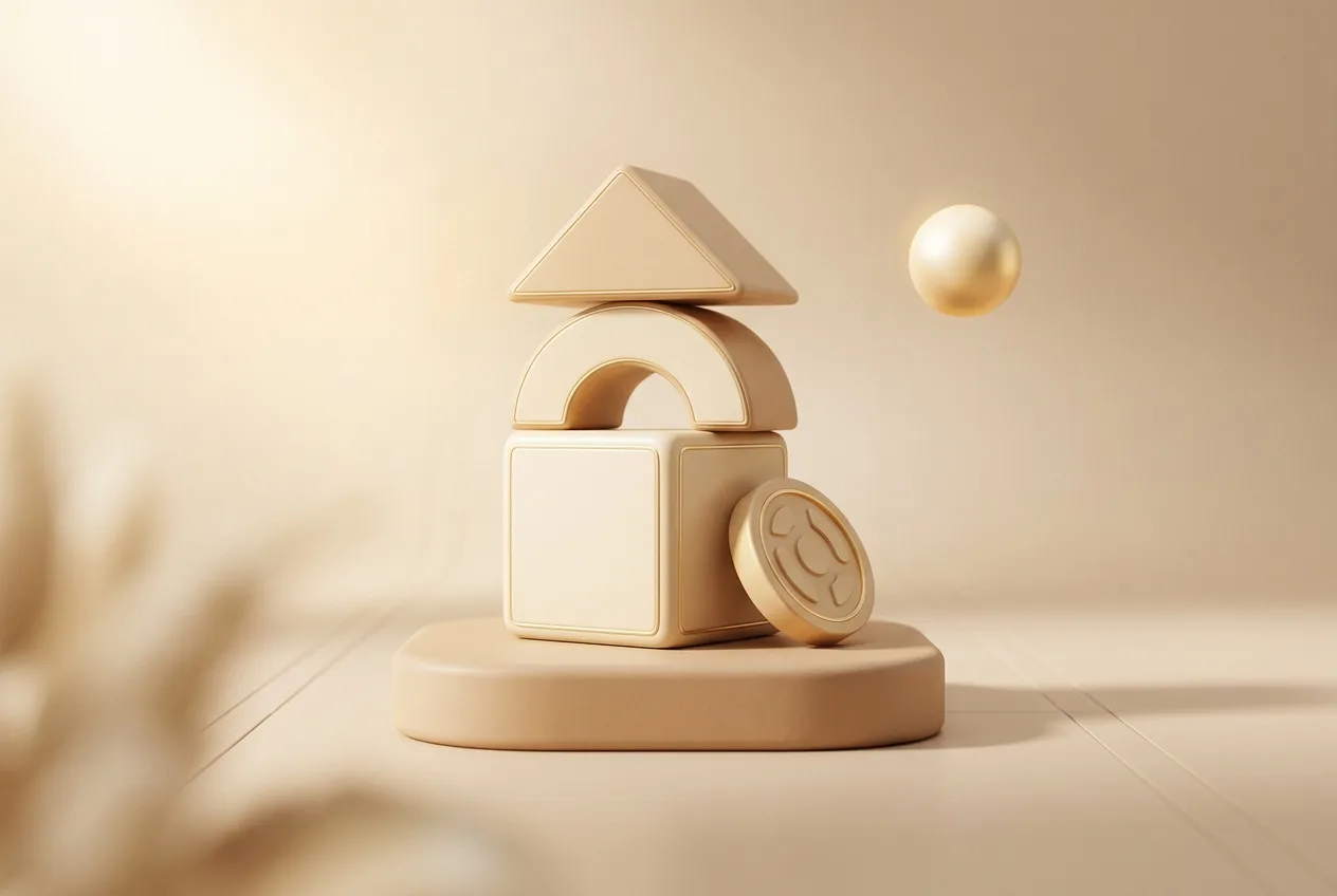 Illustration 3D beige de blocs de jeu d'enfant empilés avec une pièce, symbolisant l'épargne construite pour un enfant.