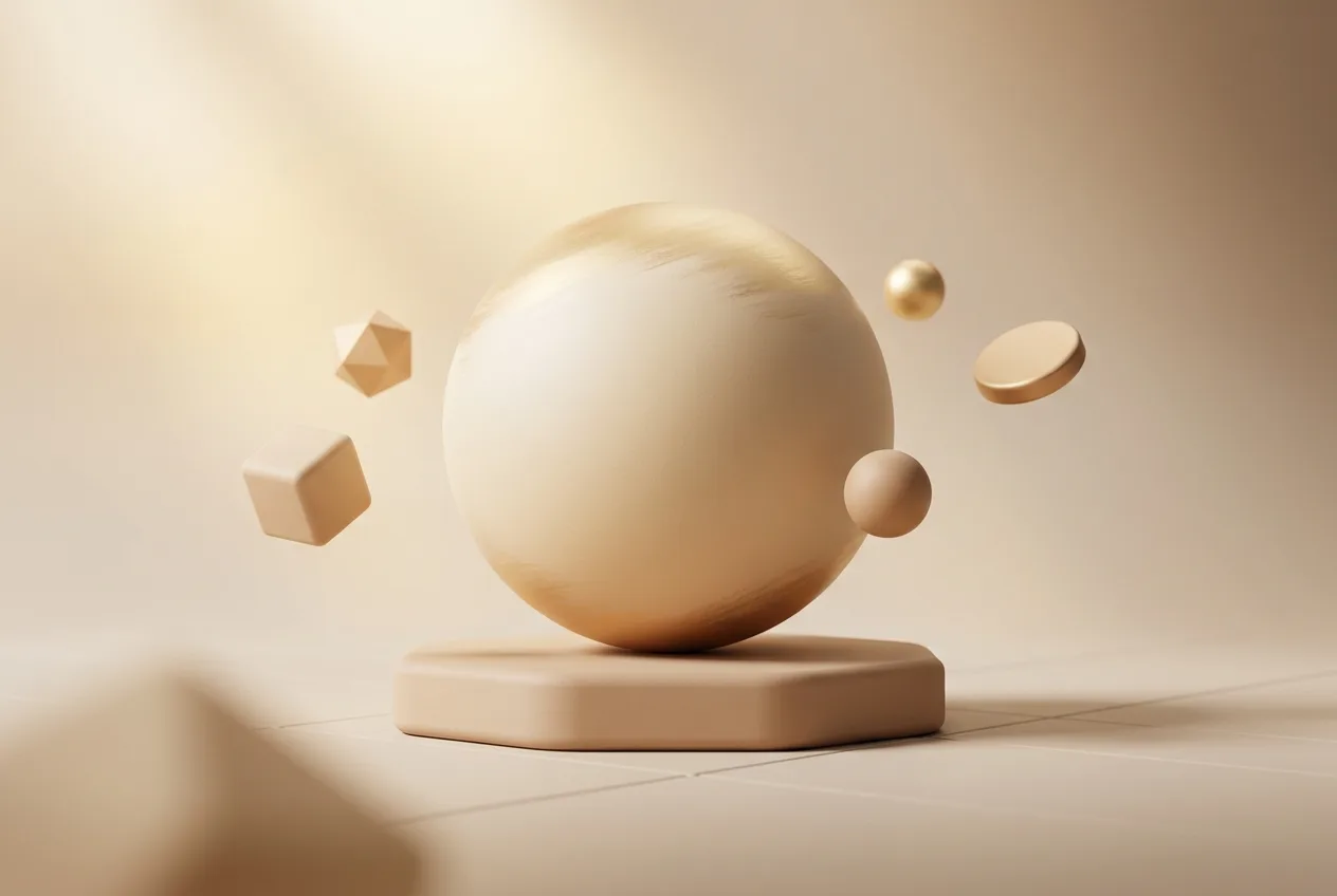 Illustration 3D beige d'une grande sphère entourée de formes plus petites, symbolisant un million d'euros réparti en poches.