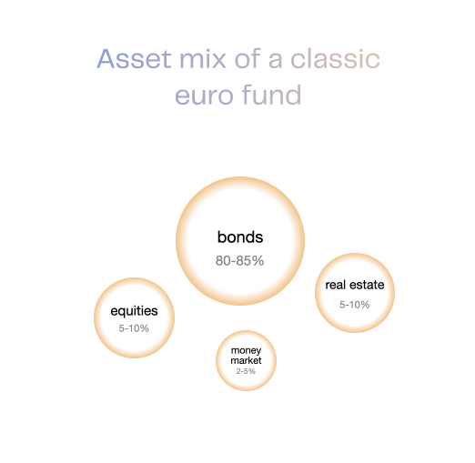 Typical asset mix of a classic euro fund: mostly bonds, plus equities, real estate and money-market instruments