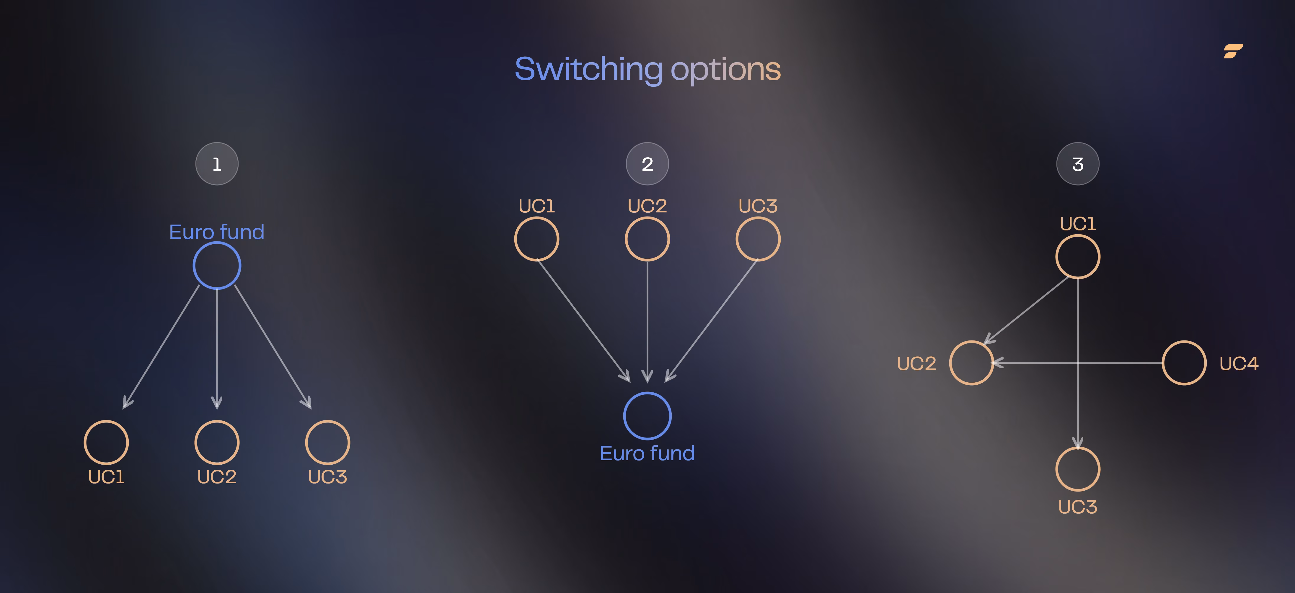 Diagram of the 3 switching options in life insurance: between the euro fund and unit-linked funds