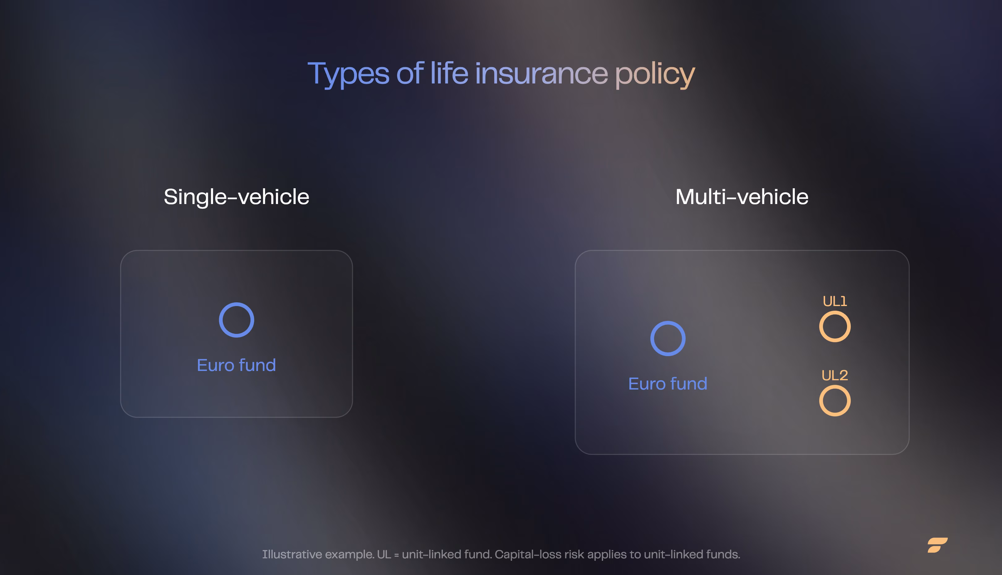Diagram comparing single-vehicle and multi-vehicle life insurance policies: a euro fund only, versus a euro fund plus two unit-linked funds.