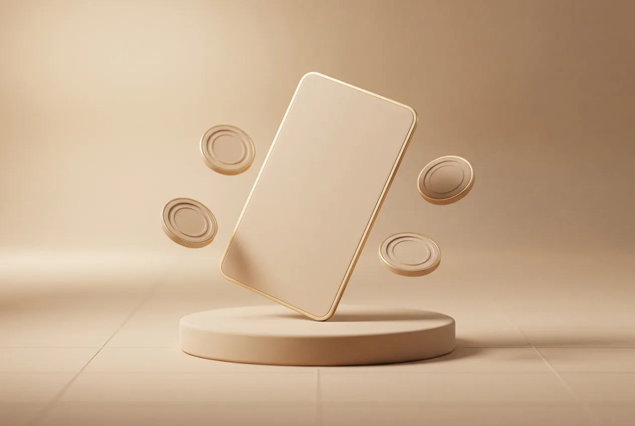 Illustration 3D minimaliste beige d'une carte bancaire entourée de pièces en orbite, symbolisant un paiement qui se répète.