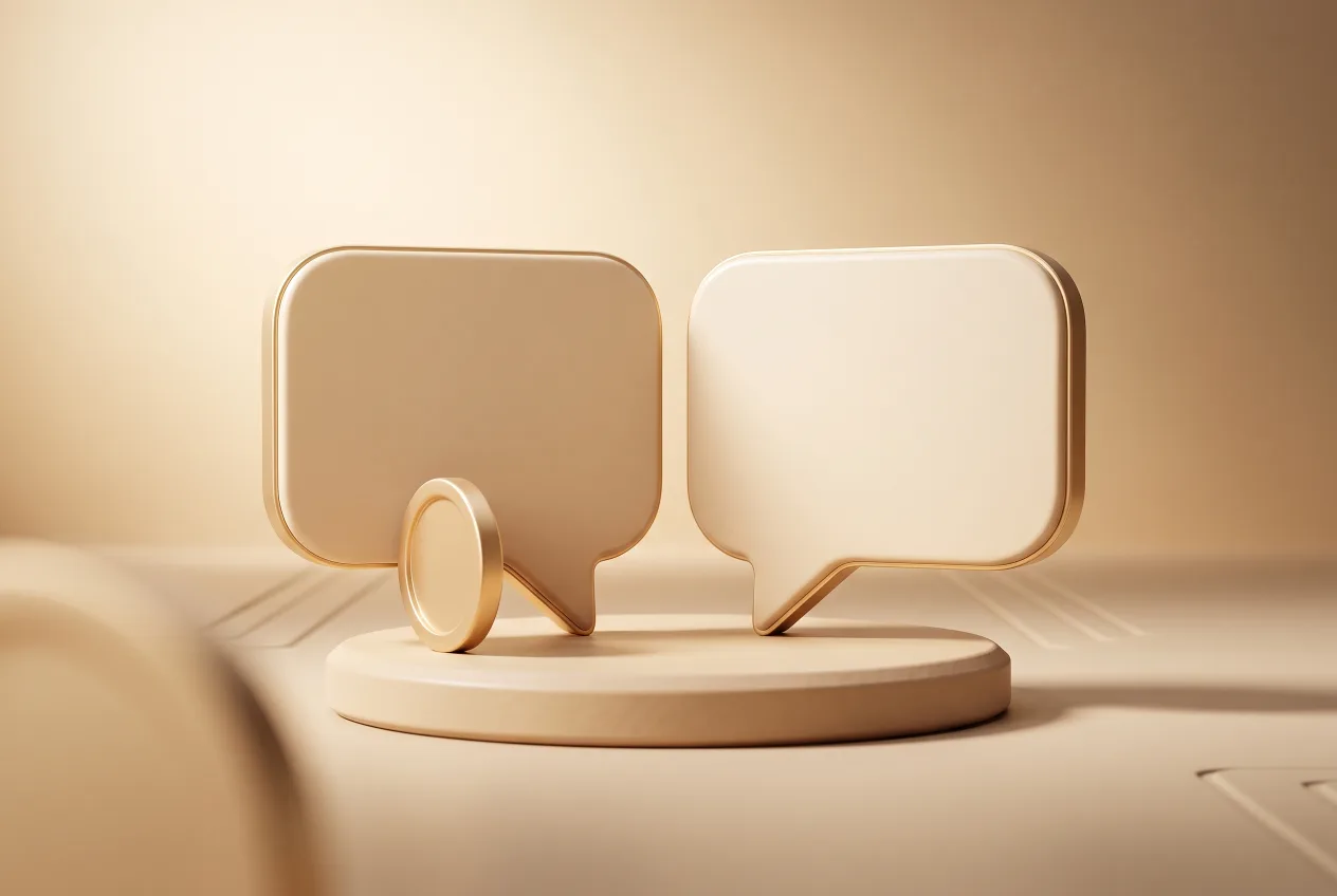 Illustration 3D minimaliste beige de deux bulles de conversation face à face et d'une pièce posée contre l'une d'elles.