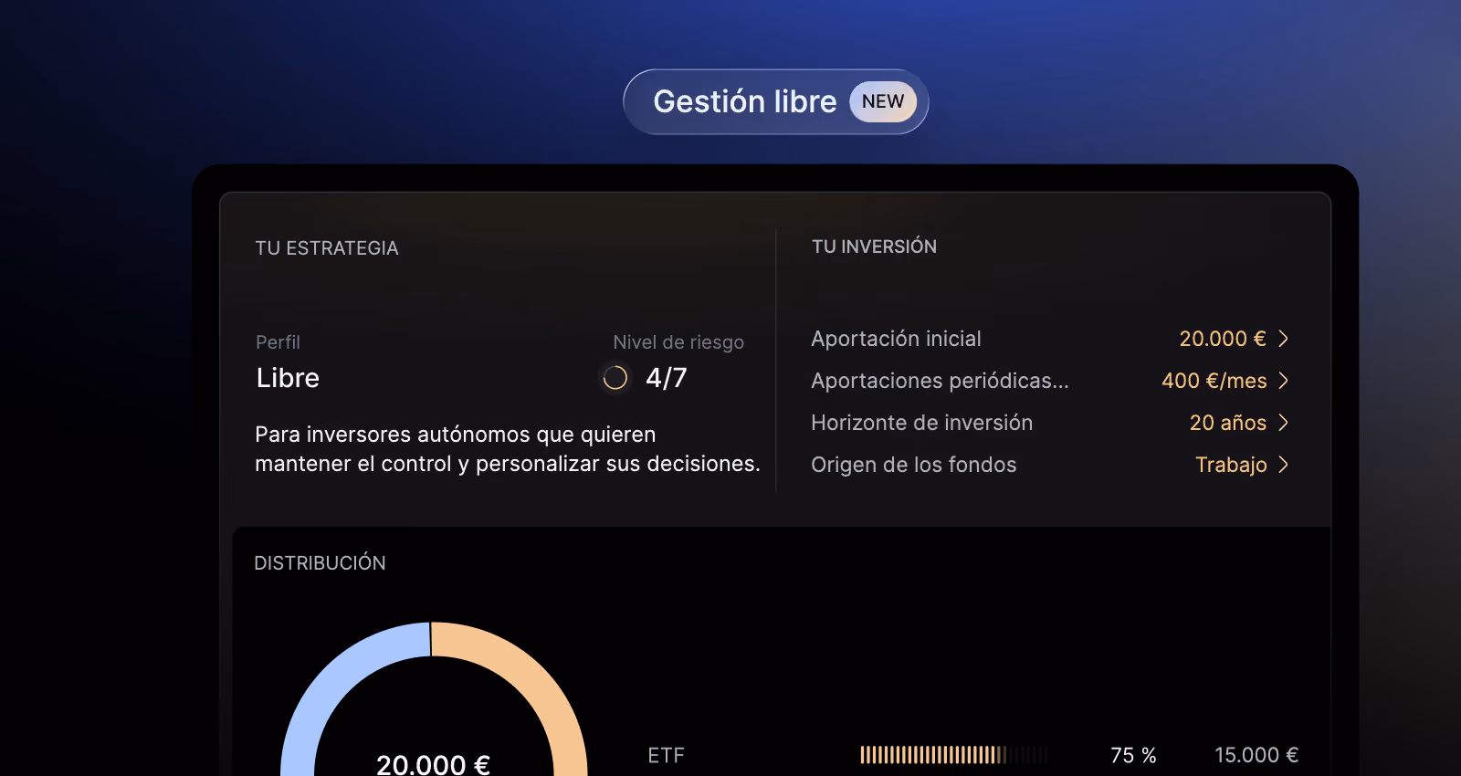 Interfaz de Finary Life con gestión libre